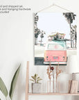 Pink Vintage Van Print. Tropical Summer Surfing Wall Art