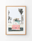 Pink Vintage Van Print. Tropical Summer Surfing Wall Art