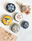 Floral Embroidered Round Jewelry Box With Mirror
