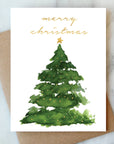 Merry Christmas Holiday Card | Watercolor Christmas Tree Card with Gold Foil