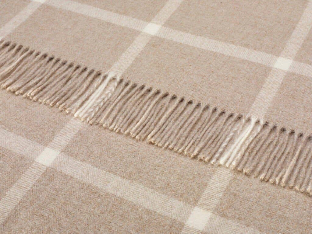 Merino Lambswool Windowpane Beige Throw Blanket
