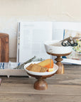 Stoneware Serving Dish with Acacia Wood Pedestal