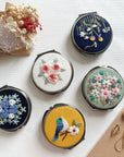 Floral Embroidered Round Jewelry Box With Mirror