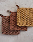 Cotton Crocheted Pot Holder with Leather Loop – Cream, Brown & Tan