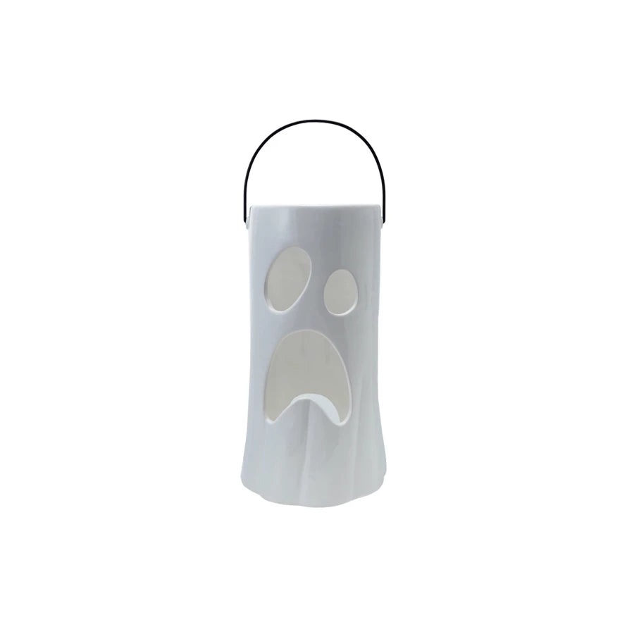 Ceramic Lantern with Cut-Out Ghost Face - Large