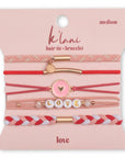 Love hair tie bracelet set in pink and red with heart charm, 5-pack