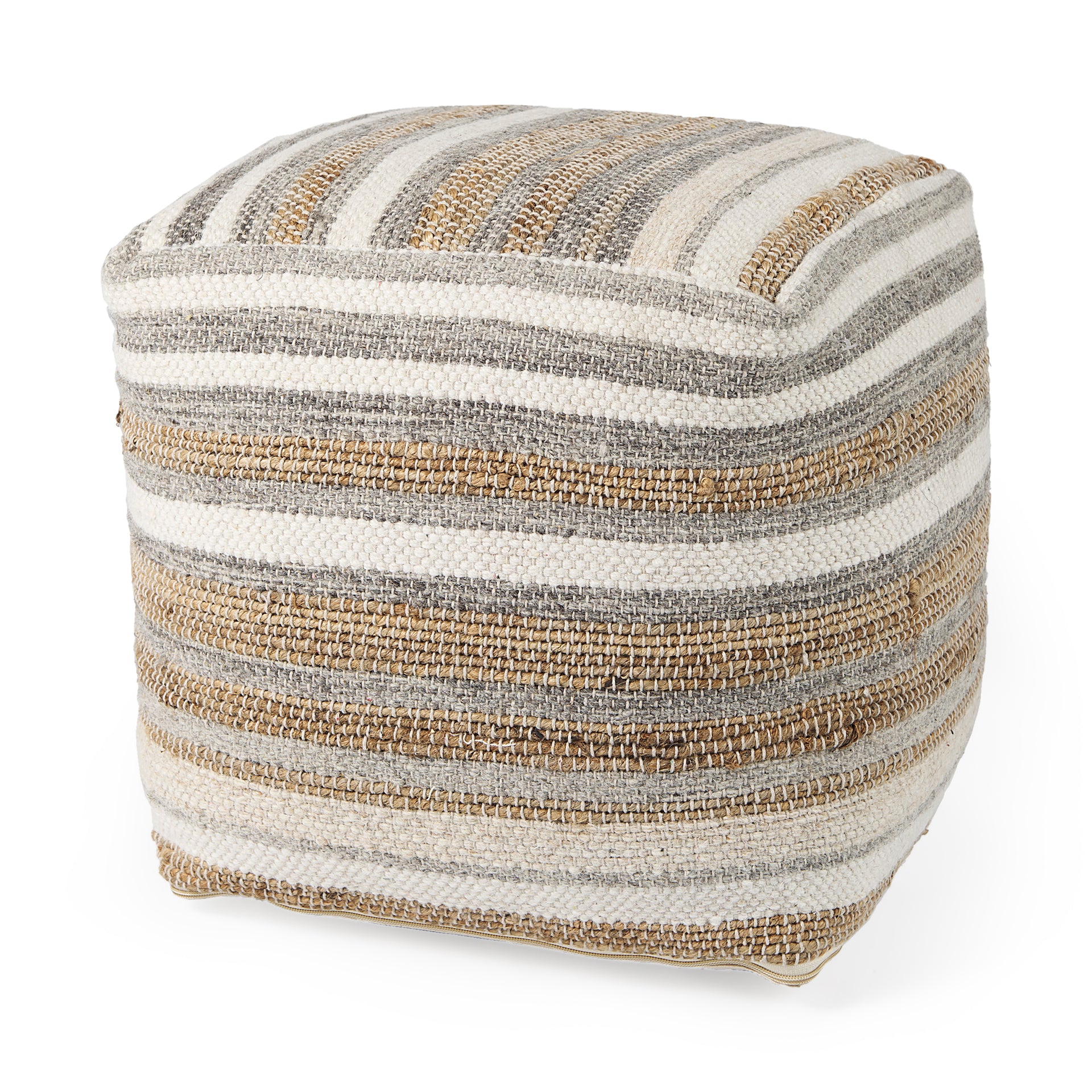 Aahana White/Taupe/Gray Striped Hemp and Cotton Pouf