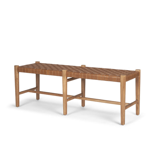 Brown Wood w/ Woven Brown Leather Bench