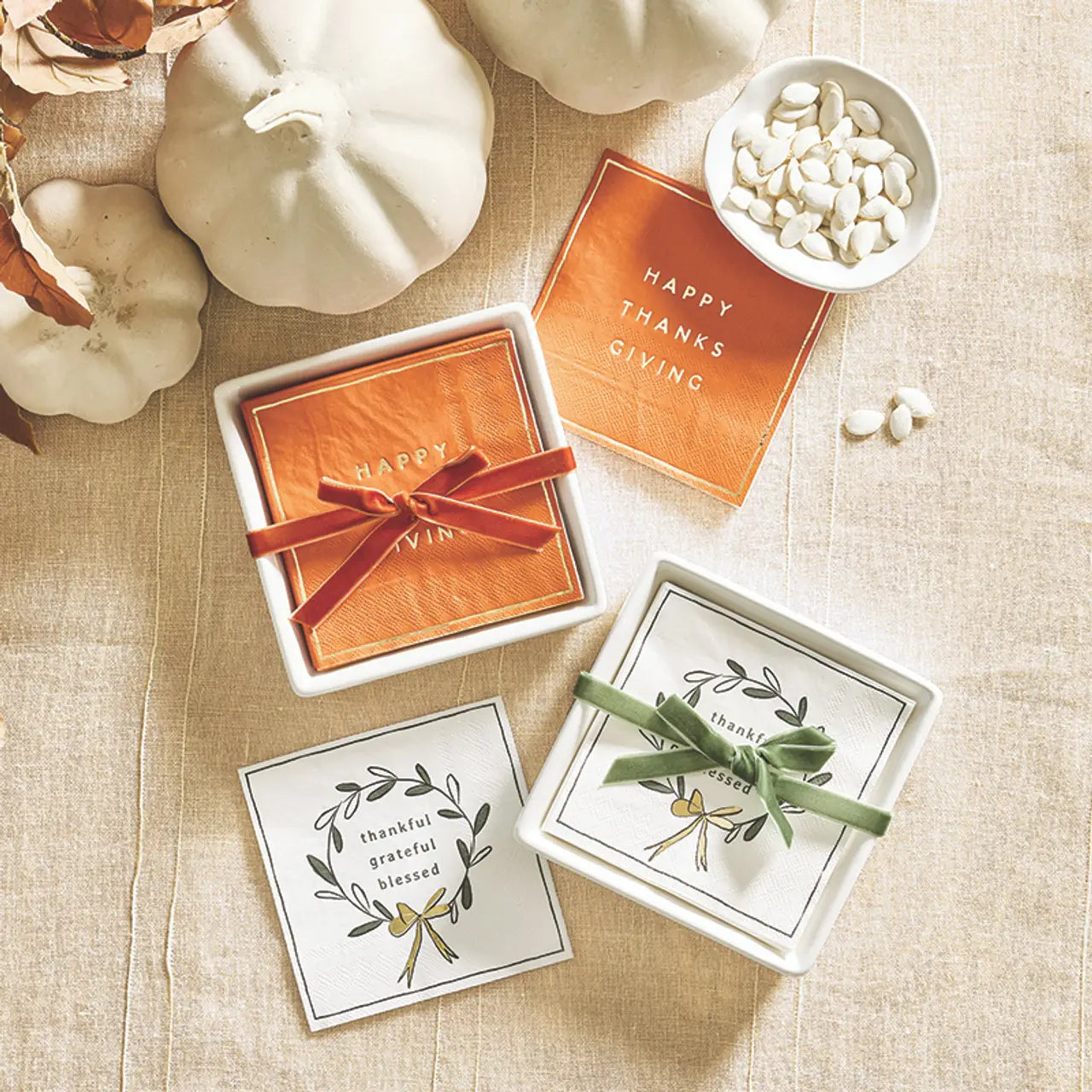 Ceramic Napkin Tray + Napkins - Happy Thanksgiving
