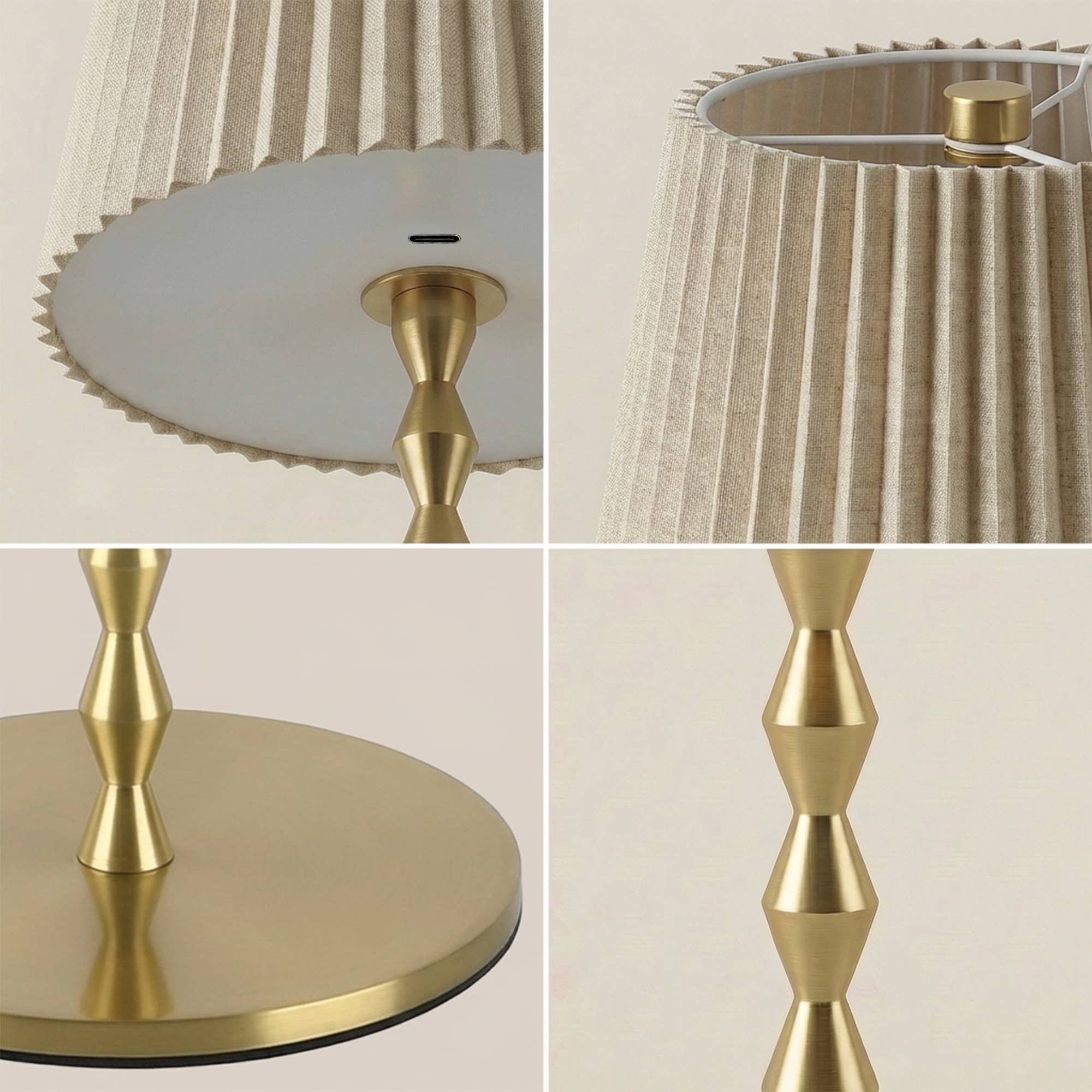 Rechargeable Table Lamp Pleat Shade Taup, Gold Diamond Stem