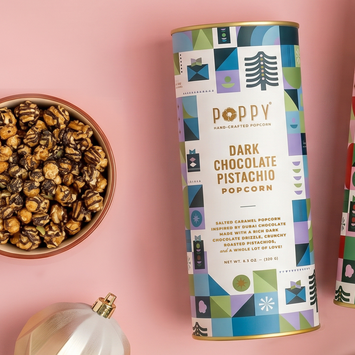 Dubai Chocolate-Inspired Salted Caramel Popcorn with Pistachios – Gift Cylinder
