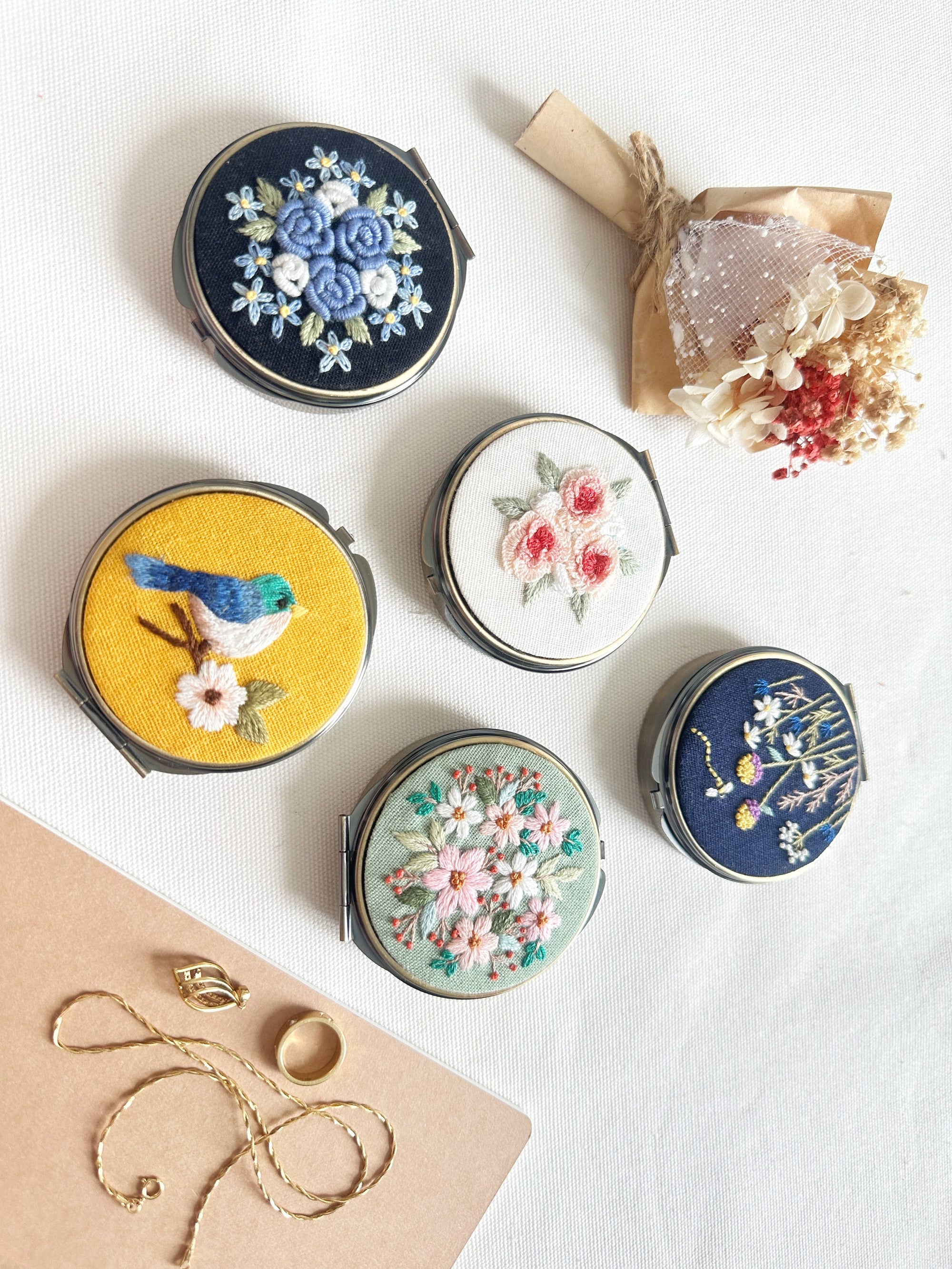 Floral Embroidered Round Jewelry Box With Mirror