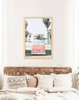 Pink Vintage Van Print. Tropical Summer Surfing Wall Art