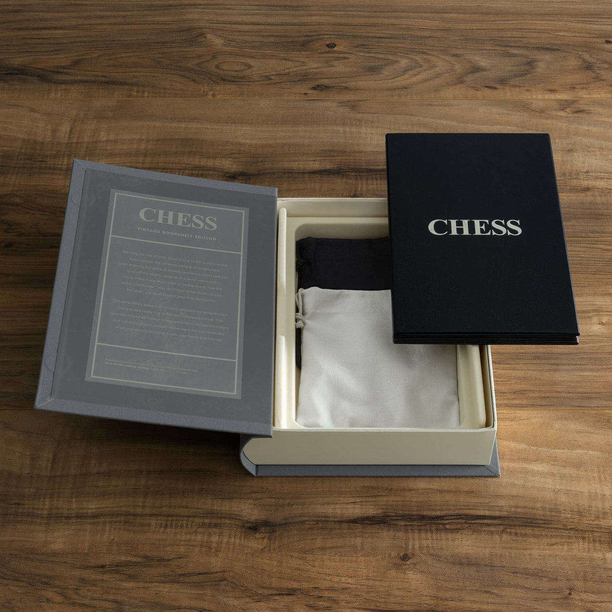 Chess Bookshelf Edition – Wooden Chess Set in Fabric-Wrapped Book Box