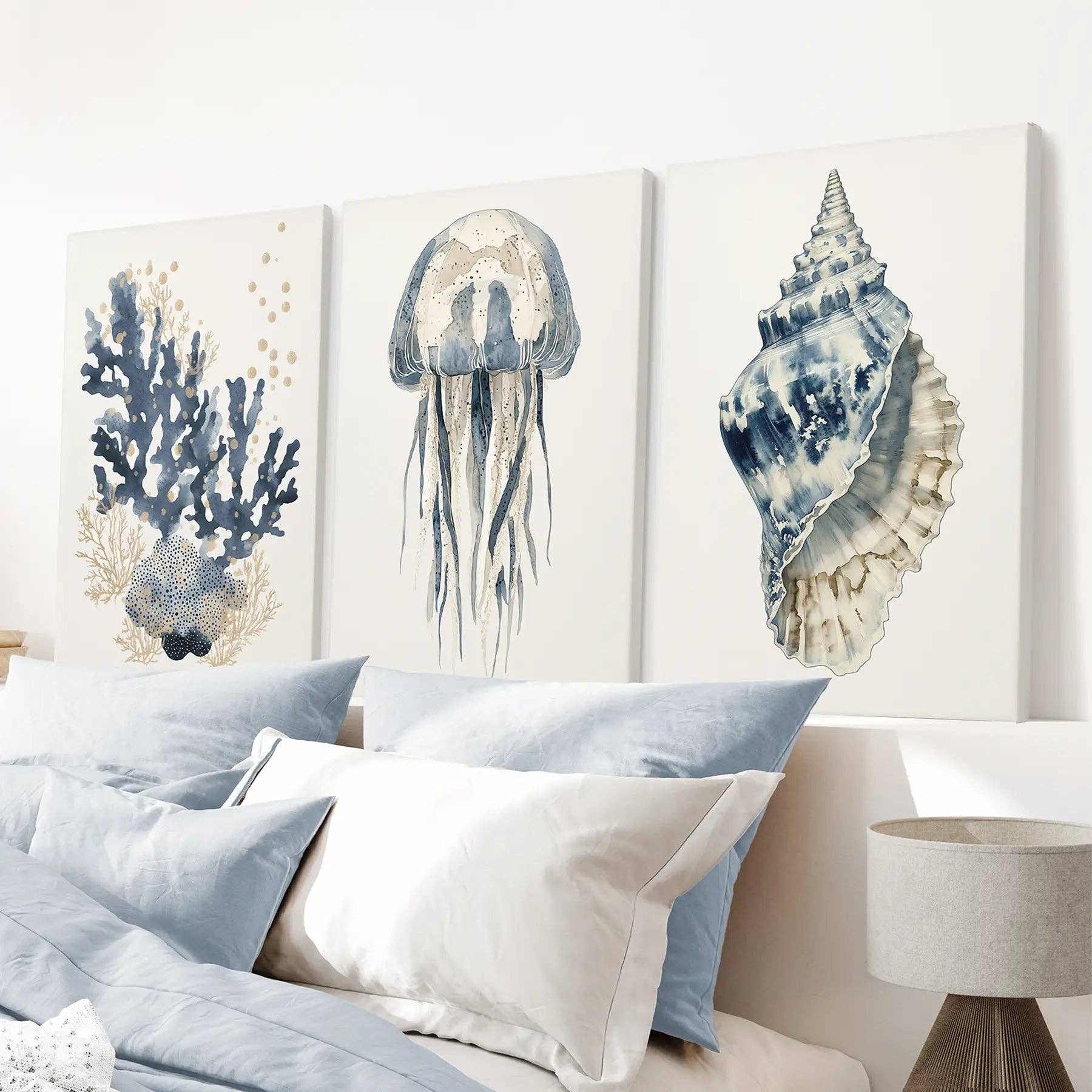 Beach House Nautical Wall Art. Blue Coral, Jellyfish, Shell