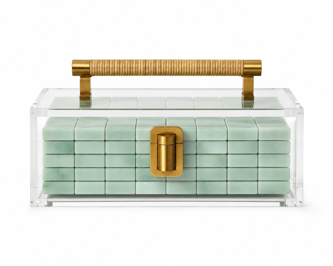 Acrylic Mahjong Display Case – Crystal Clear with Brass &amp; Raffia Handle: PRE-ORDER ONLY