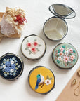 Floral Embroidered Round Jewelry Box With Mirror