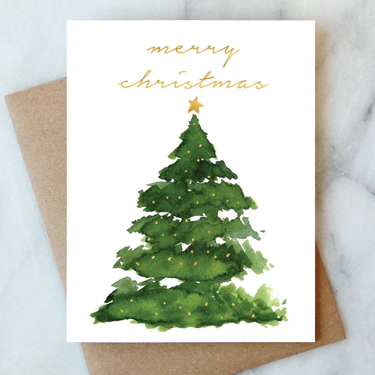 Merry Christmas Holiday Card | Watercolor Christmas Tree Card with Gold Foil