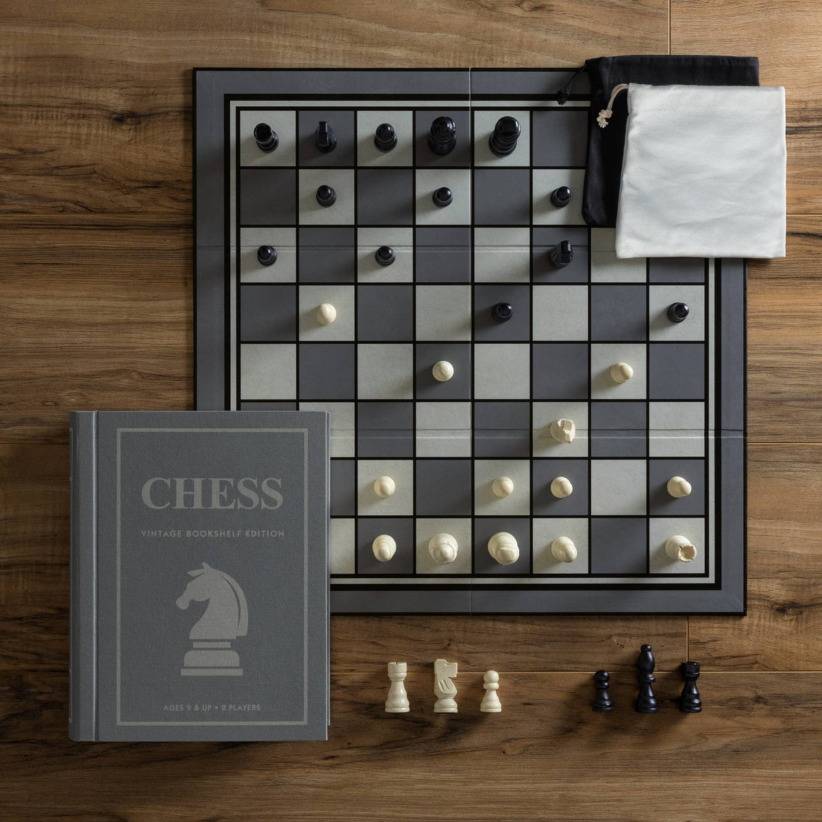 Chess Bookshelf Edition – Wooden Chess Set in Fabric-Wrapped Book Box