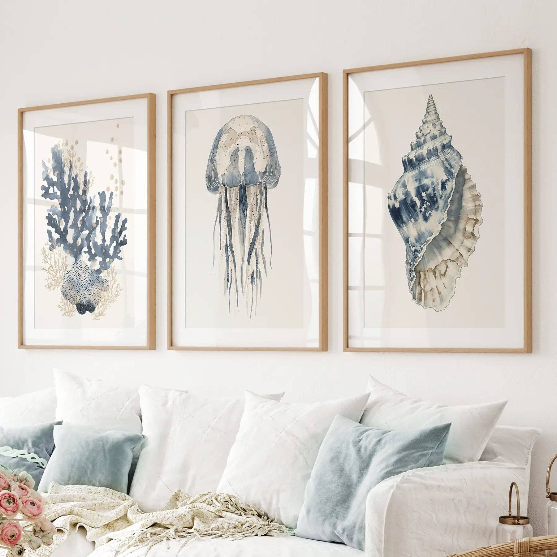 Beach House Nautical Wall Art. Blue Coral, Jellyfish, Shell