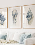 Beach House Nautical Wall Art. Blue Coral, Jellyfish, Shell