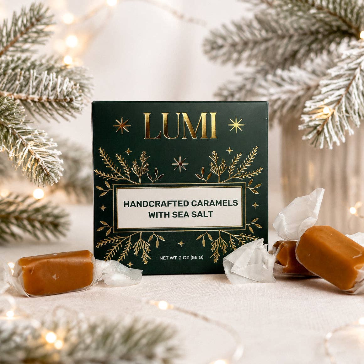 Holiday Handcrafted Caramels with Sea Salt – Green Box, 2 oz