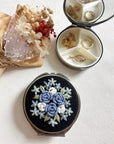 Floral Embroidered Round Jewelry Box With Mirror