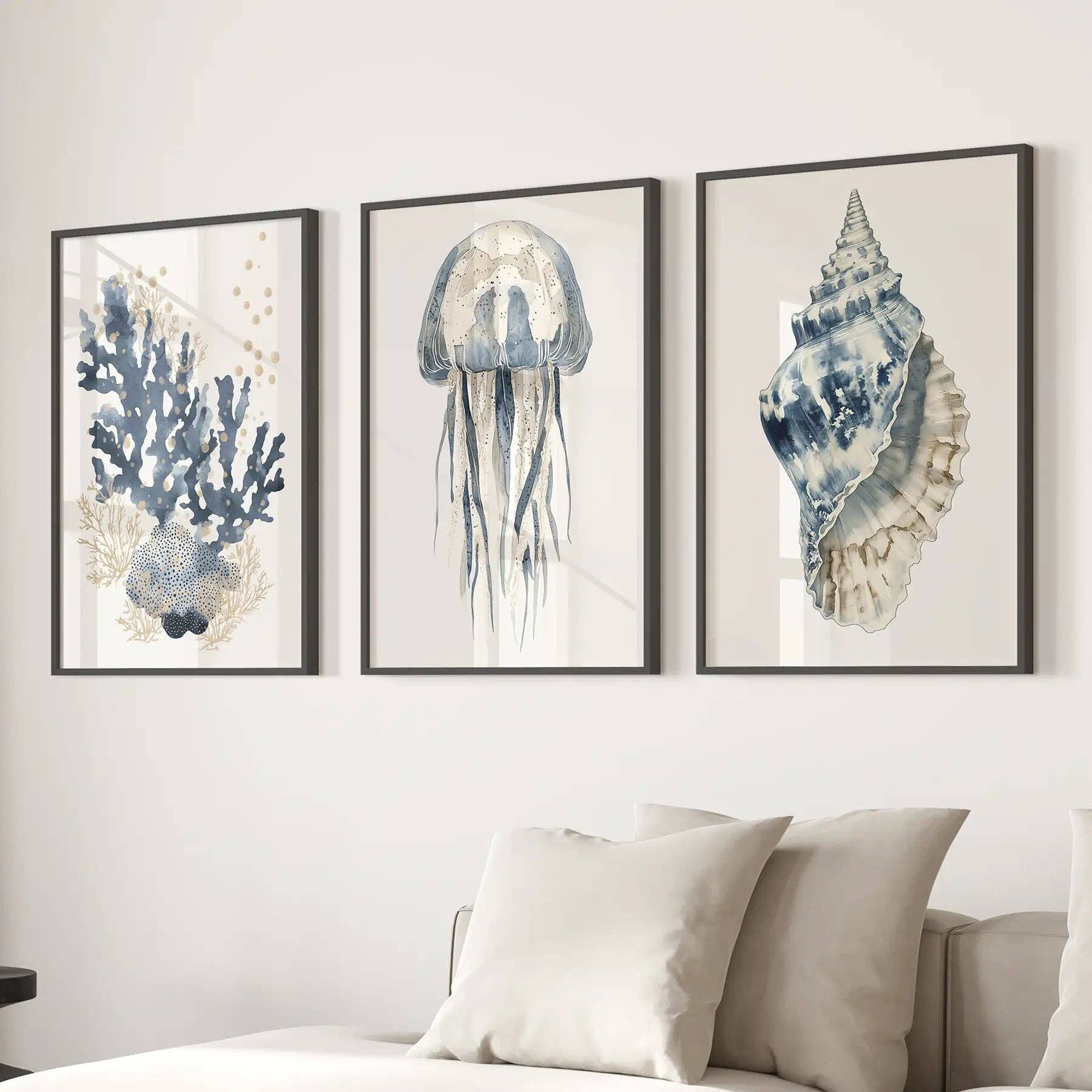 Beach House Nautical Wall Art. Blue Coral, Jellyfish, Shell