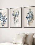 Beach House Nautical Wall Art. Blue Coral, Jellyfish, Shell
