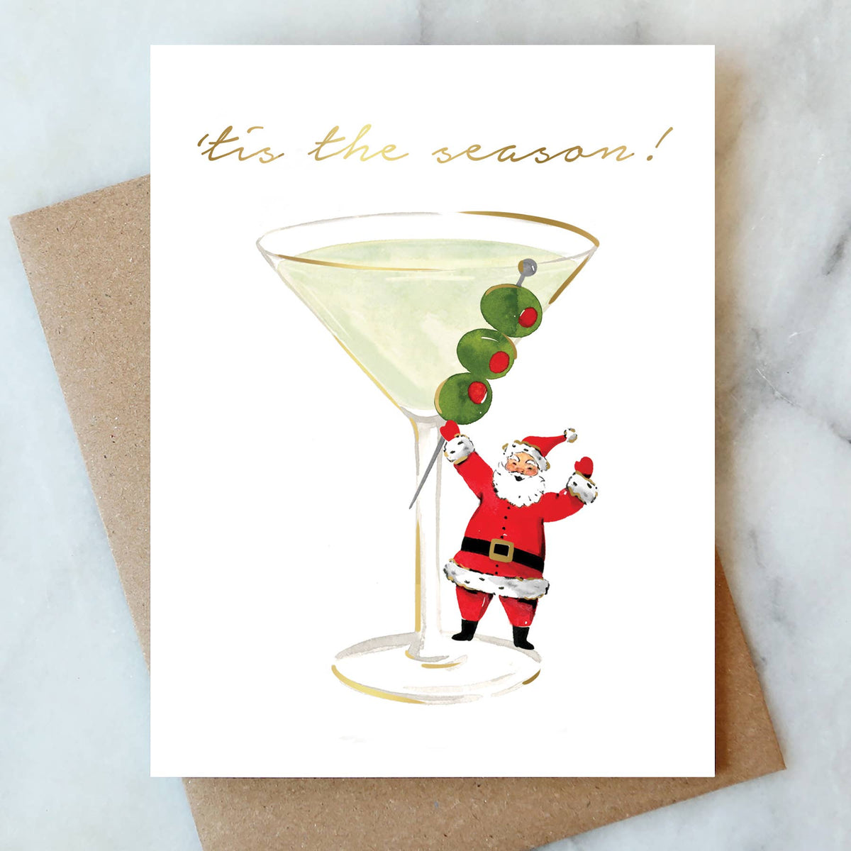 Santa Martini Christmas Holiday Card | Christmas Card with Gold Foil