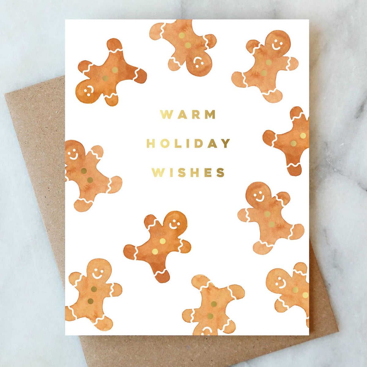 Watercolor Gingerbread Christmas Card with Gold Foil
