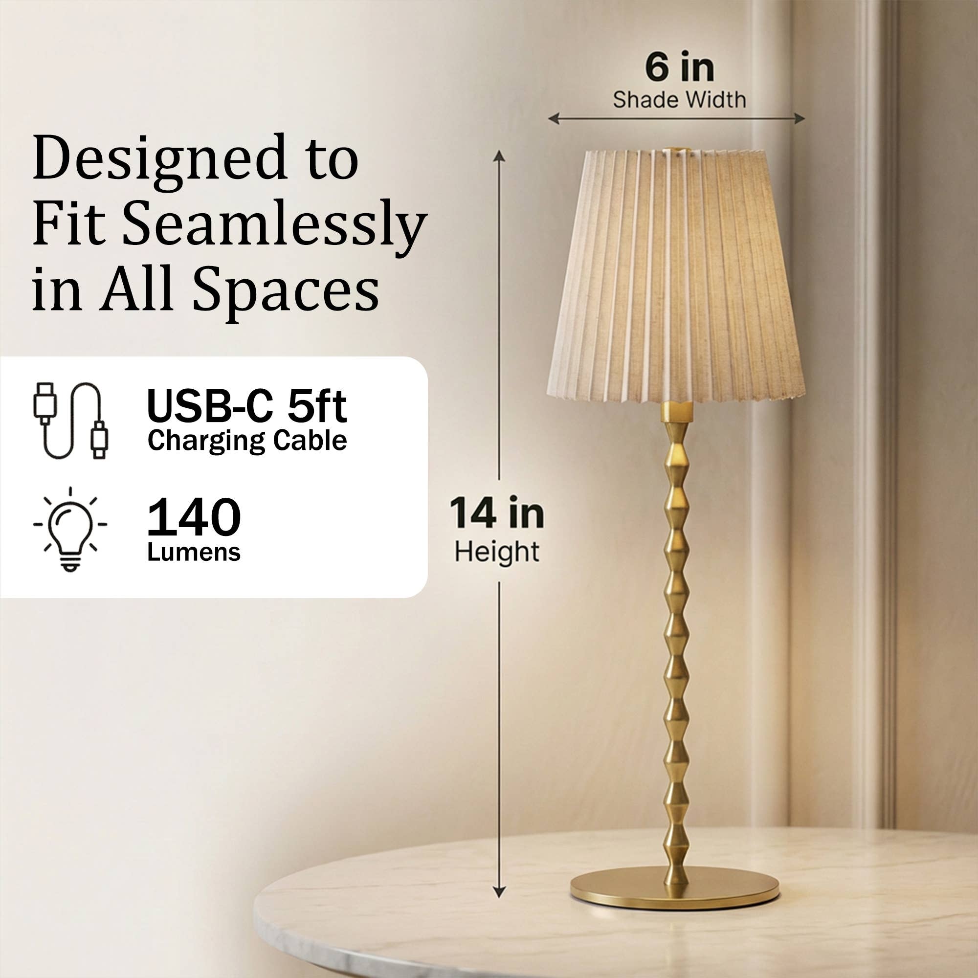 Rechargeable Table Lamp Pleat Shade Taup, Gold Diamond Stem
