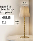 Rechargeable Table Lamp Pleat Shade Taup, Gold Diamond Stem