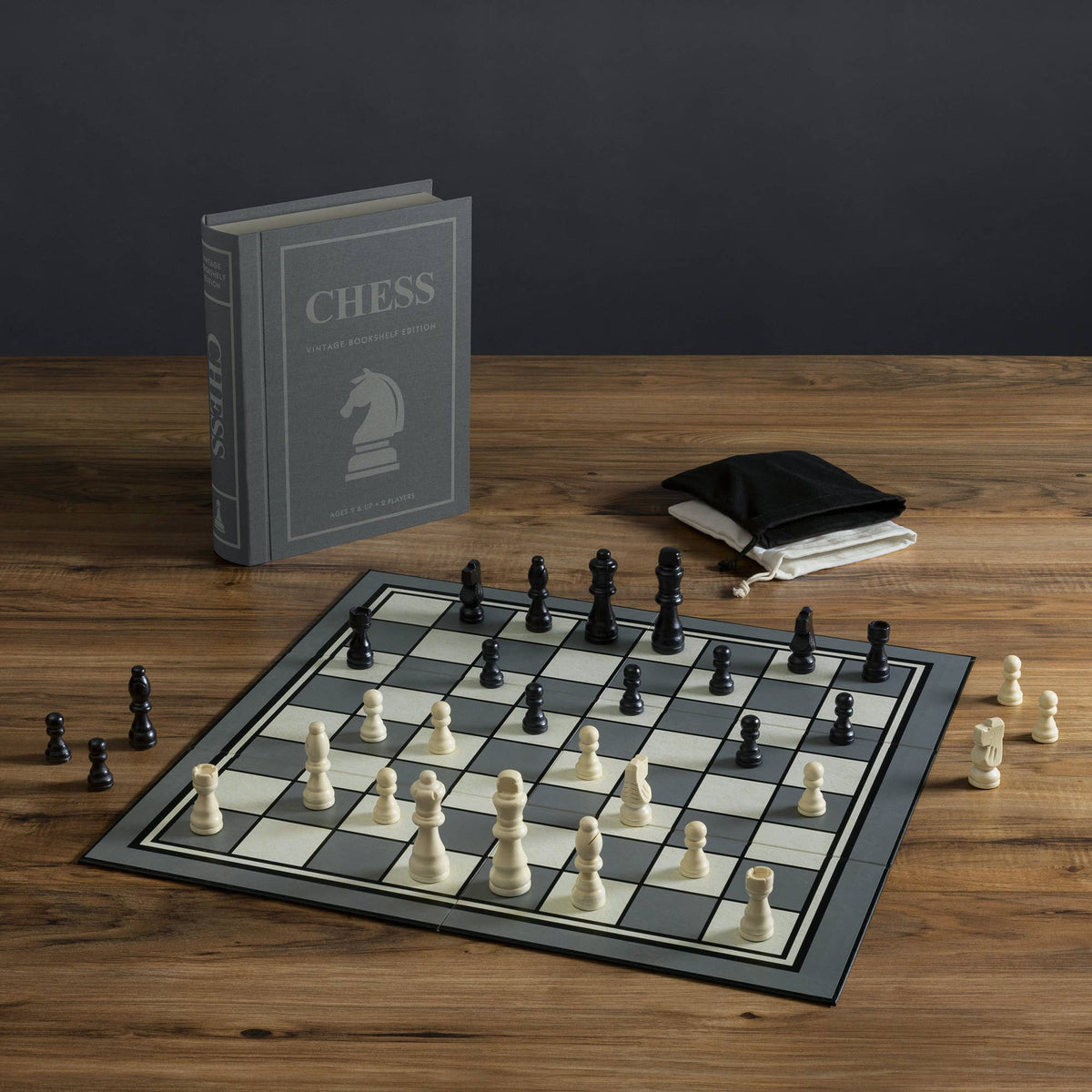 Chess Bookshelf Edition – Wooden Chess Set in Fabric-Wrapped Book Box