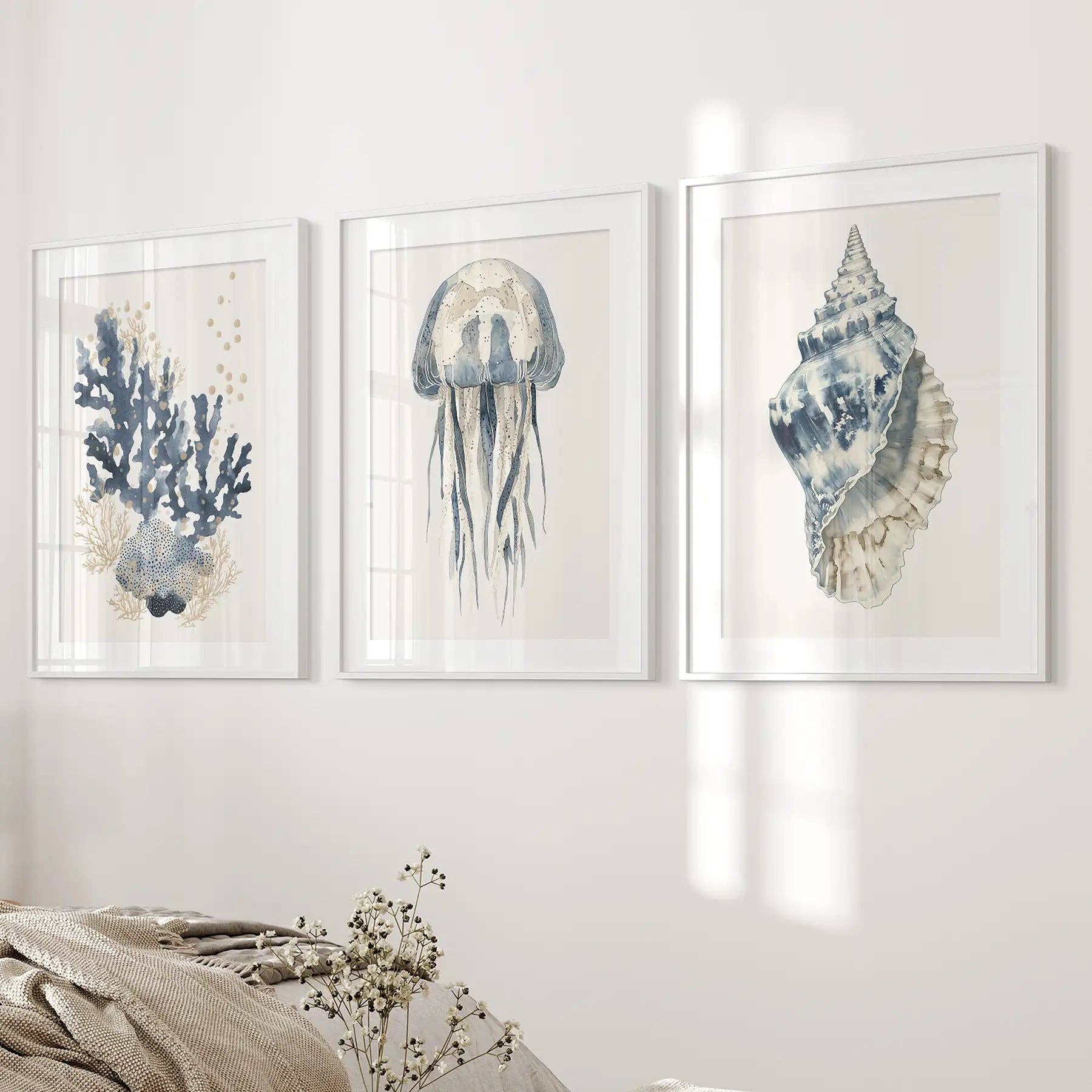 Beach House Nautical Wall Art. Blue Coral, Jellyfish, Shell