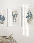 Beach House Nautical Wall Art. Blue Coral, Jellyfish, Shell
