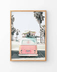 Pink Vintage Van Print. Tropical Summer Surfing Wall Art