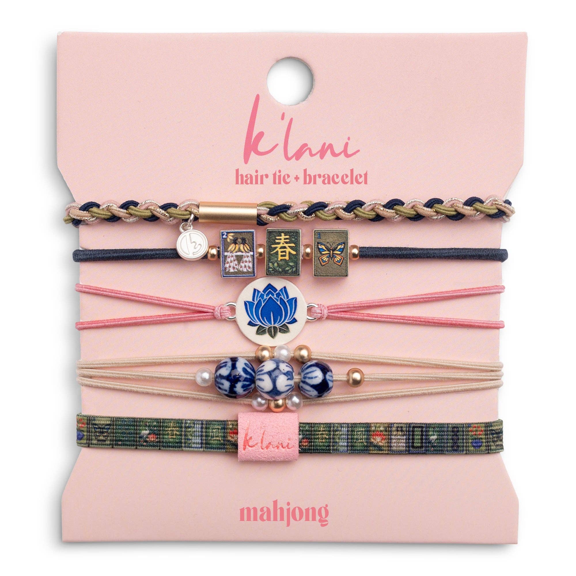 "Mahjong" Themed in Pink, Green &amp; Blue with Lotus &amp; Tile Accent Hair Tie Bracelets