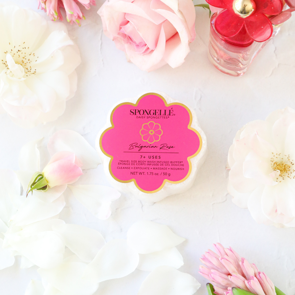 Bulgarian Rose Spongette body sponge with elegant pink packaging