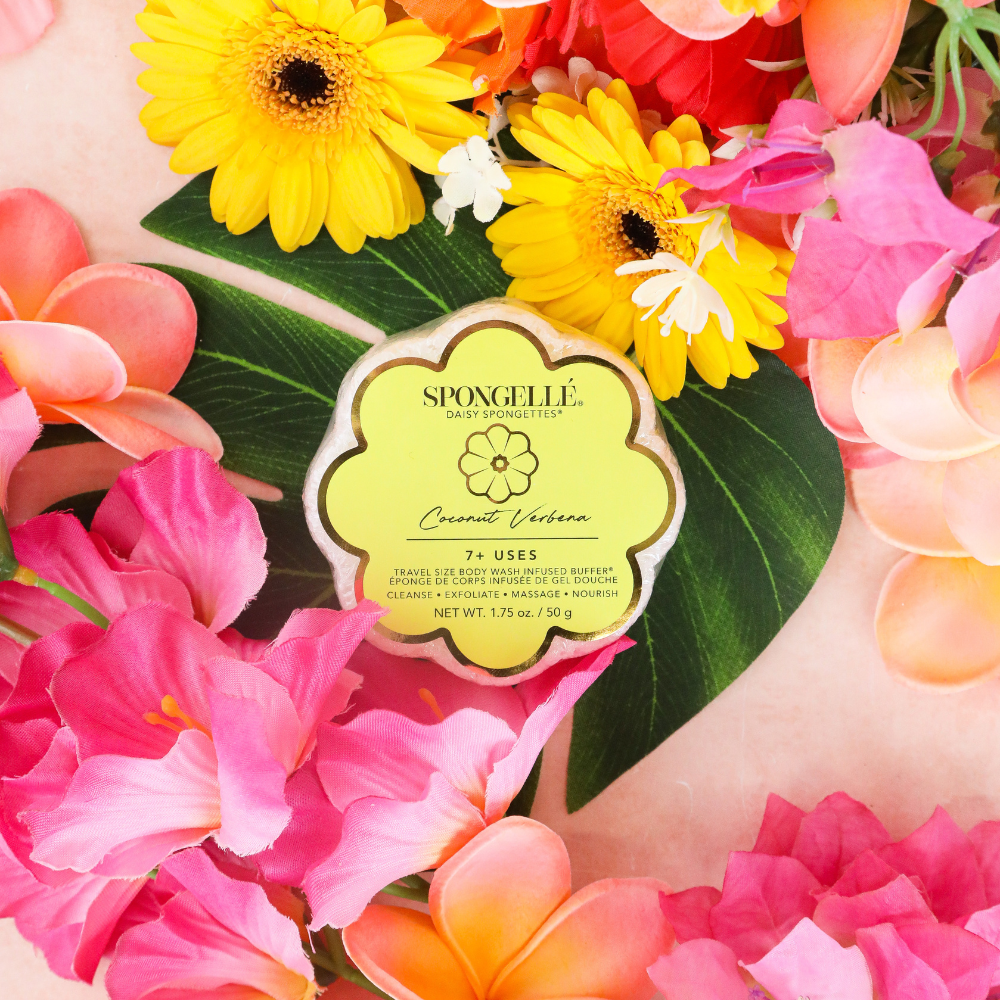 Coconut Verbena Daisy Soap Sponge with tropical-inspired packaging