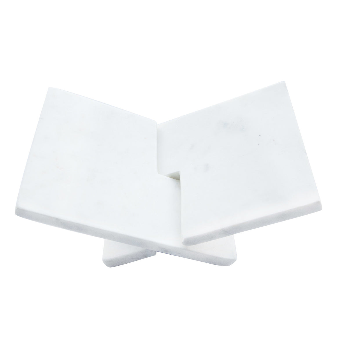 White marble interlocking book holder for books, magazines, and tablets.