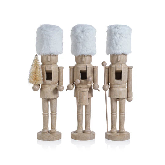 15-inch resin nutcracker with white fur hat in assorted poses, elegant holiday mantel decoration