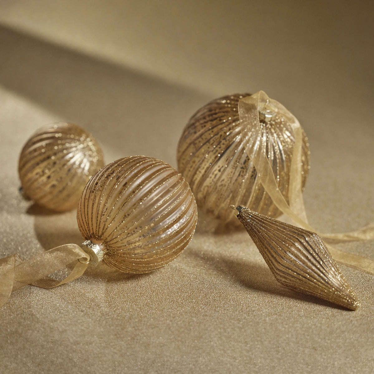 Antique Ribbed Ball Ornament - Matt Antique Gold - 3.25 in