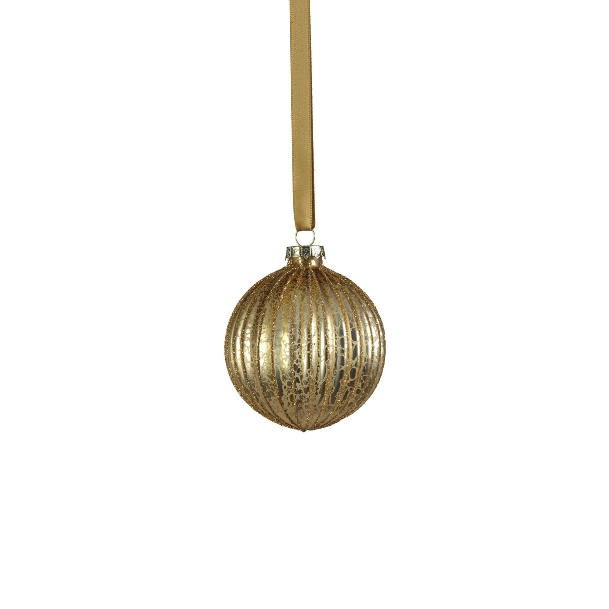 Antique Ribbed Ball Ornament - Matt Antique Gold - 3.25 in