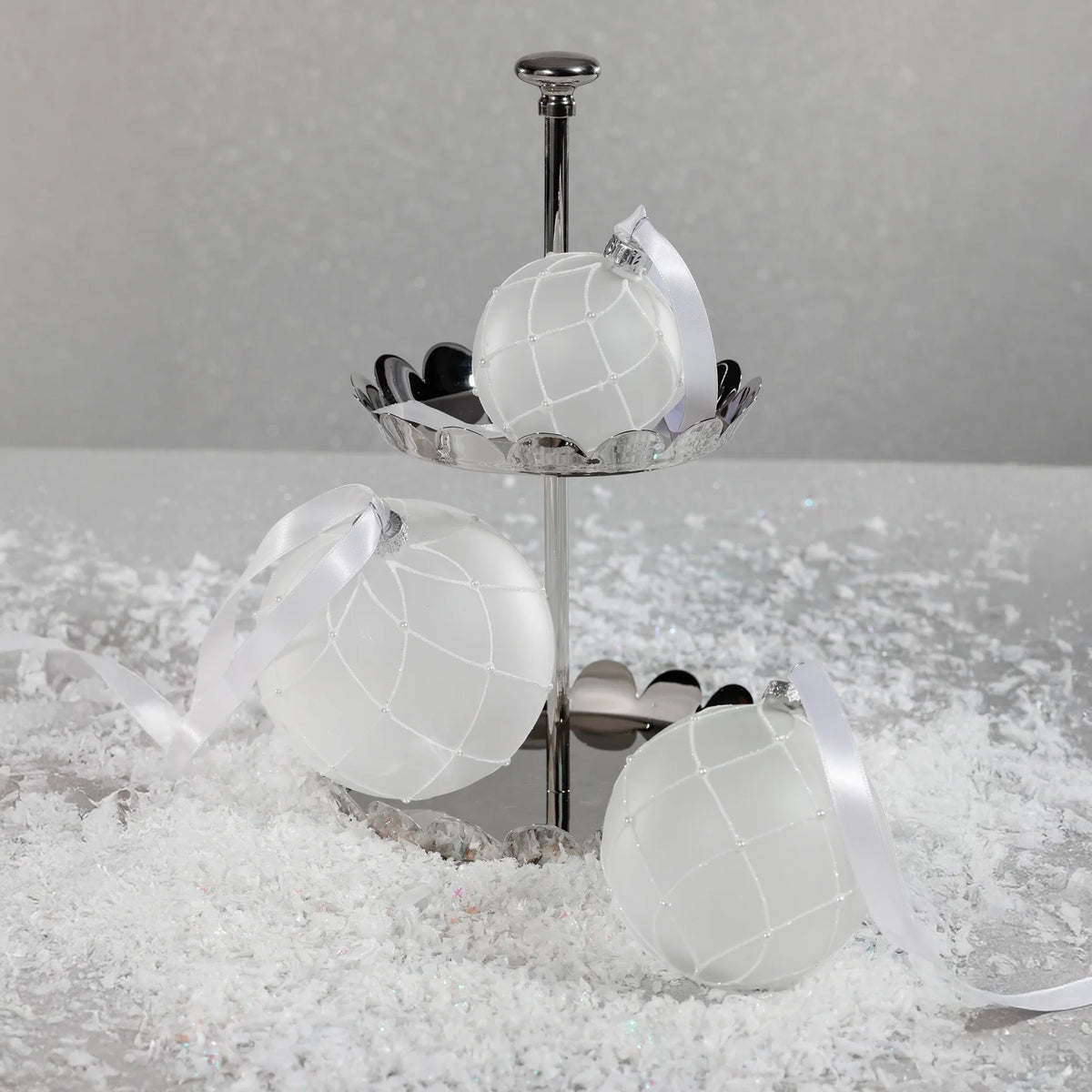 Frosted Glass Ball Ornament with White Glitter - 4 in