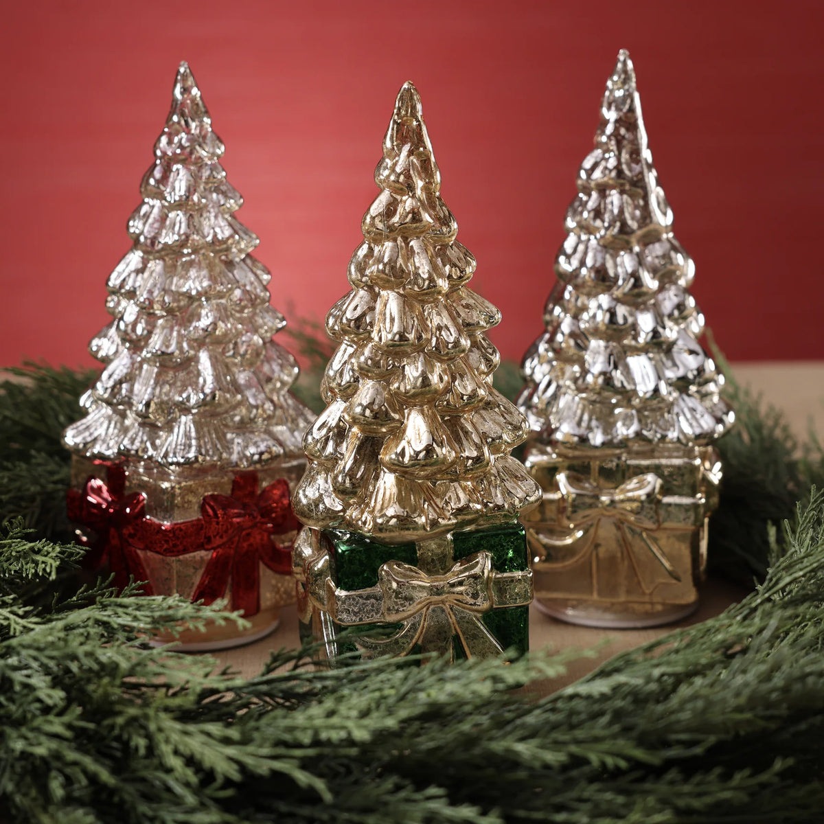 LED Rotating Tree on Present - Silver on Gold with Gold Ribbon