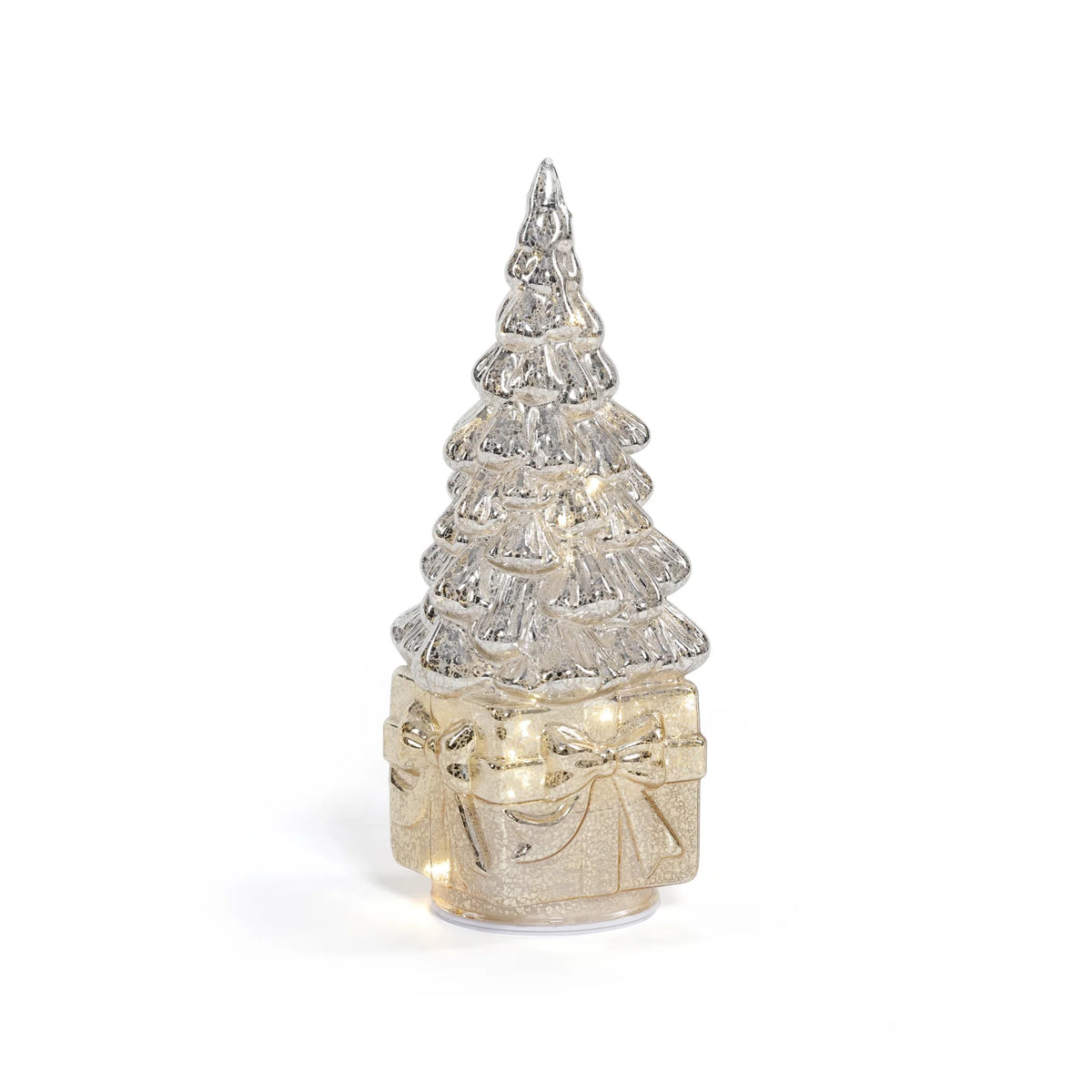 LED Rotating Tree on Present - Silver on Gold with Gold Ribbon