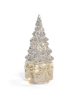 LED Rotating Tree on Present - Silver on Gold with Gold Ribbon