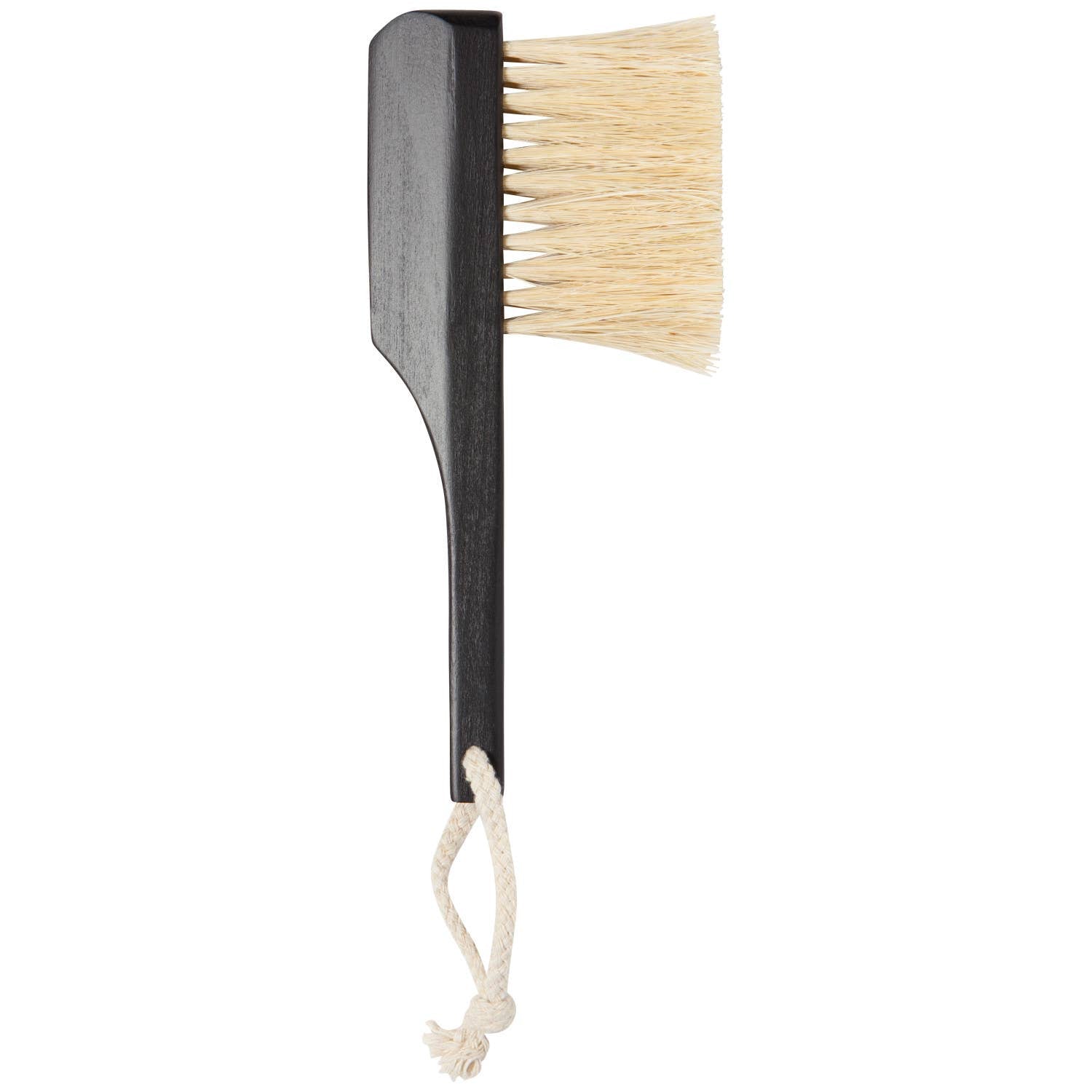 A sisal table brush with a bamboo handle and replaceable bristles, featuring a hanging loop.
