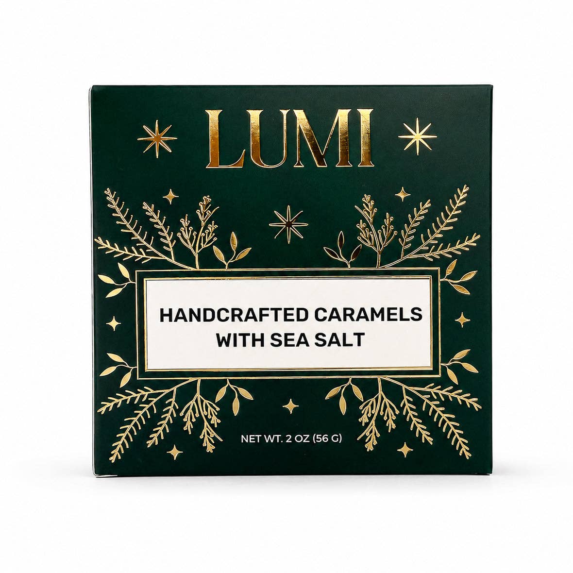 Holiday Handcrafted Caramels with Sea Salt – Green Box, 2 oz